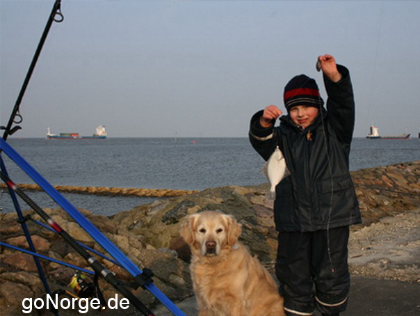 Kind mit Hund beim Angeln